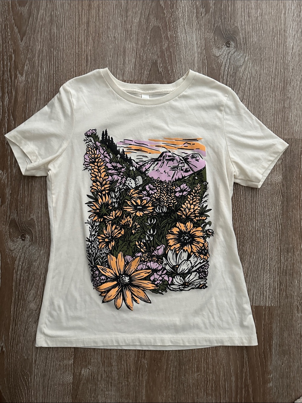 Bella Canvas Cream Graphic Tee with Peach & Lavender Floral Mountain Print